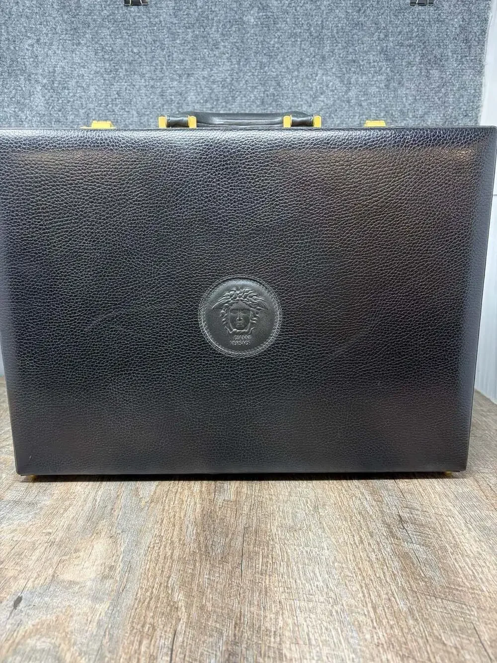 Gianni Versace Vintage Medusa Embossed Black Leather Hard Case Briefcase-Luxury